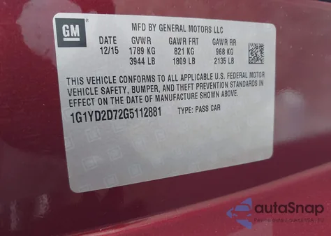 2016 Chevrolet Corvette Stingray z USA, uszkodzony, nr VIN 1G1YD2D72G5112881